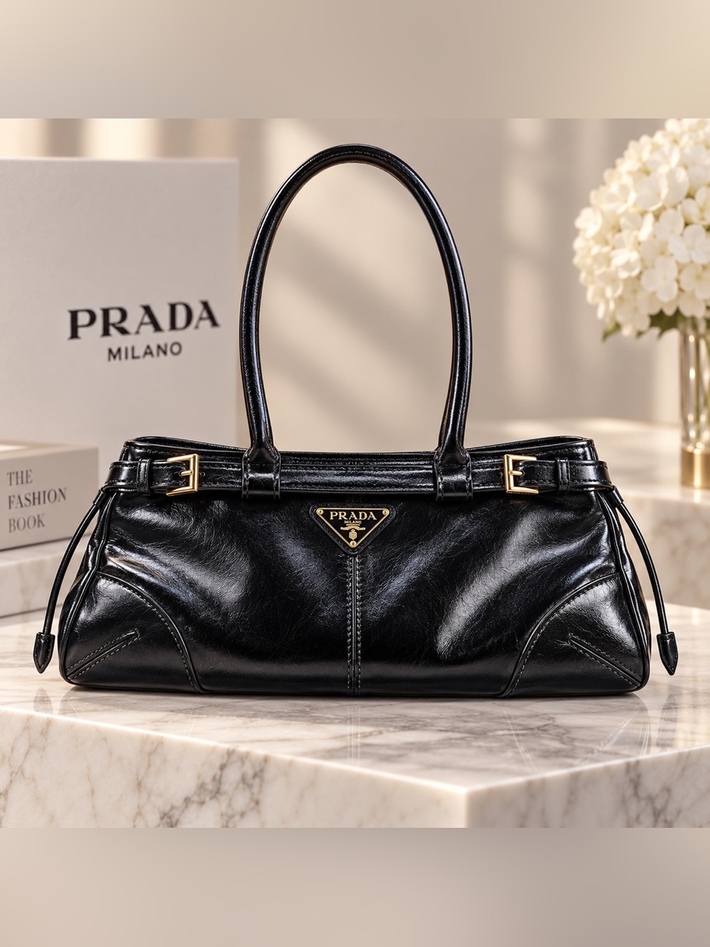 Prada Bonnie Medium Black Leather Handbag Gold Hardware Authentic